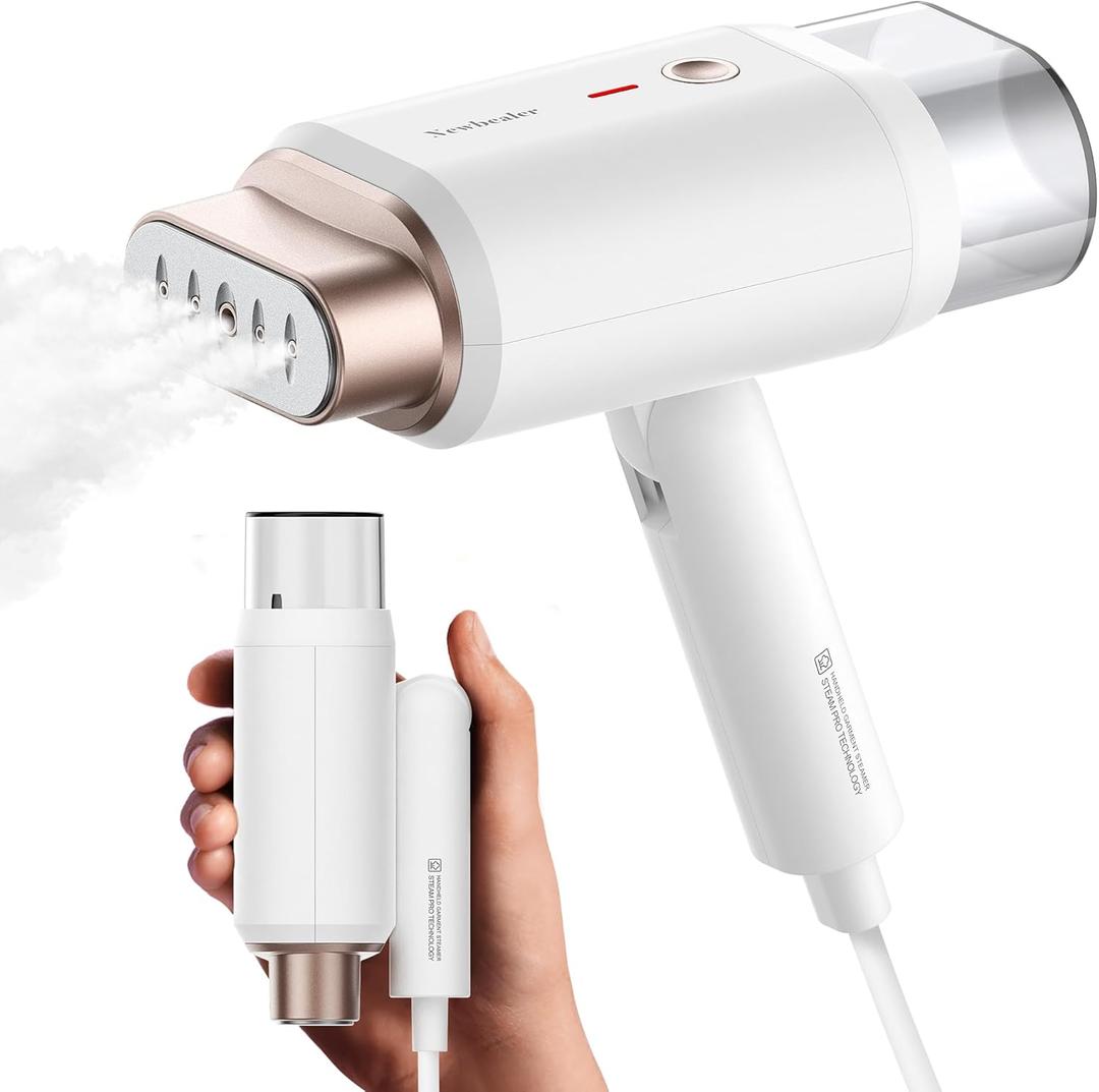 Newbealer Steamer for Clothes, 1200W Travel Steamer with Horizontal & Vertical Steaming, 2 Steam Levels, Dry Ironing, Foldable, 1.5lbs Lightly, 180ml Handheld Fabric Wrinkle Remover (120V Only) (White-gold)