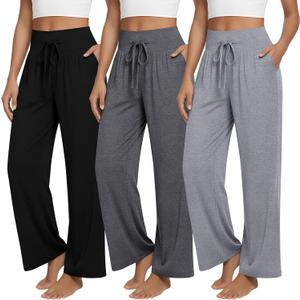 3 Pack Women's Lounge Pants Summer Wide Leg Yoga Pants Loose Drawstring High Waisted Pajama Bottoms with Pockets (Medium, Black, Dark Heather Gray, Light Heather Gray)