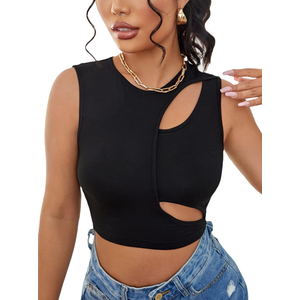 WDIRARA Women's Cut Out Crop Tank Top Sleeveless Solid Round Neck Slim Camisole, X