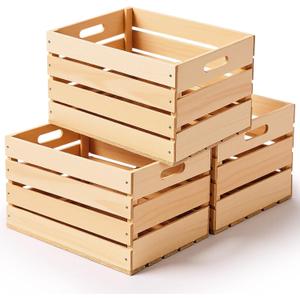 Weysat 3 Pack Large Wood Crates Box for Storage 12 x 10 x 8 Inches Unassembled Wooden Milk Crates with Handle Decorative Nesting Box for Display Rustic Decor DIY Office Home Retail Art Craft (Wood)