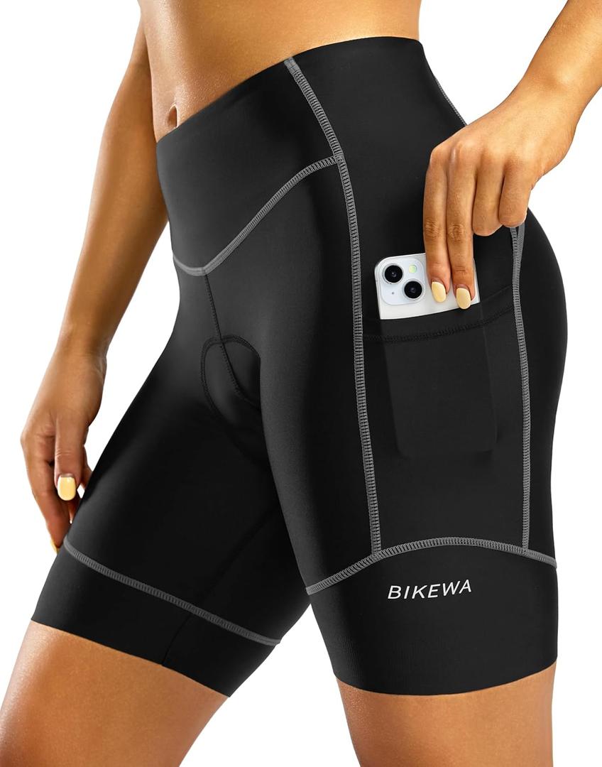 Padded Bike Shorts for Women High Waisted 4D Padding Cycling Bicycle Road Biking Shorts with Pockets (X-Large, Black/Dark Grey)
