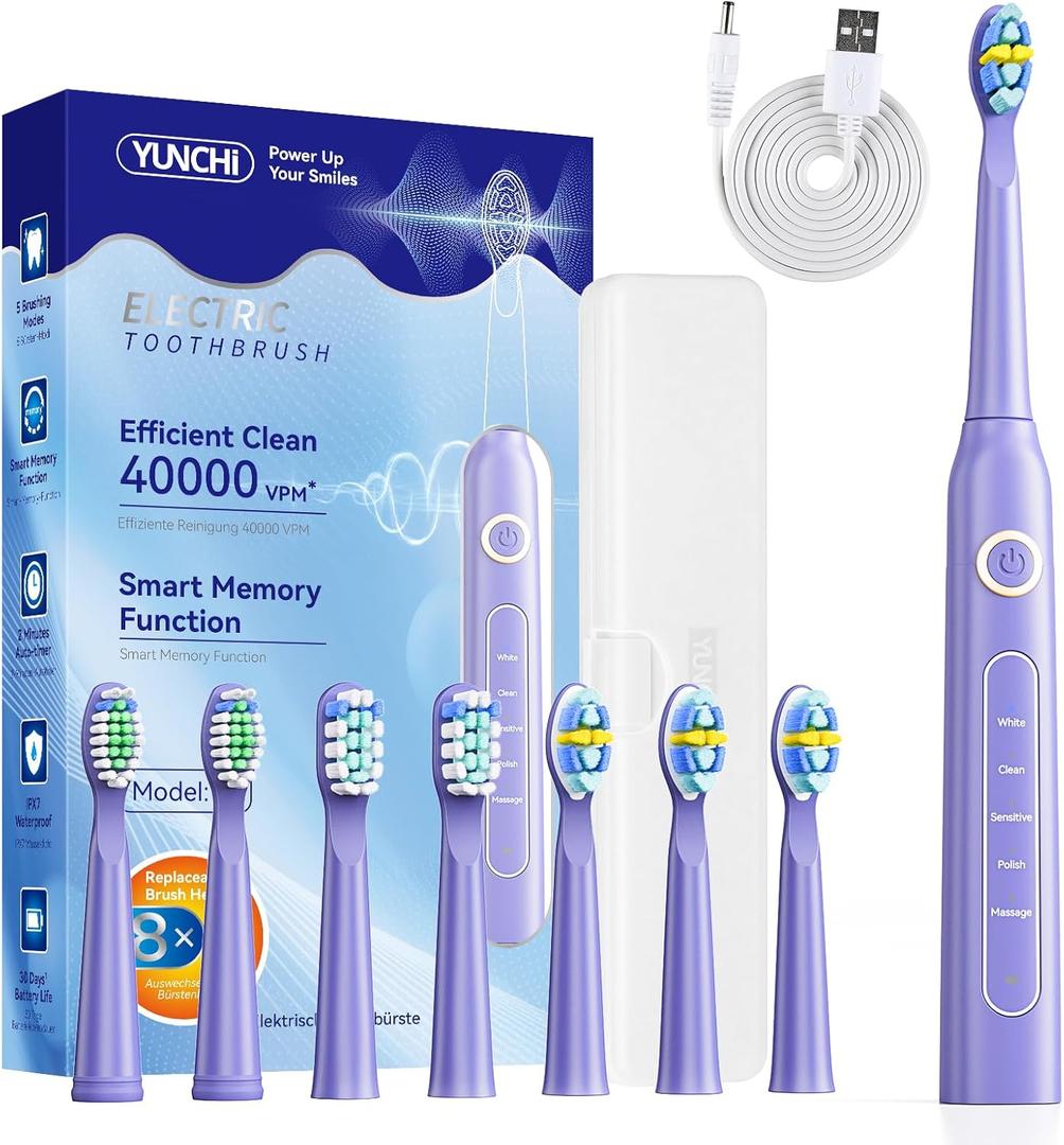 YUNCHI Electric Toothbrush for Adults, Rechargeable Sonic Toothbrush, Kids Electric Toothbrush-8 Brush Heads,5 Modes & 2 Minutes Smart Timer, IPX7 Waterproof, Toothbrush, Travel Case, Purple