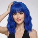 Pastel Blue Wavy Bob Wig for Women, Short Shoulder Length Synthetic Wig with Bangs, Natural Looking Lightweight Hairpiece for Daily Wear & Cosplay Costume Party