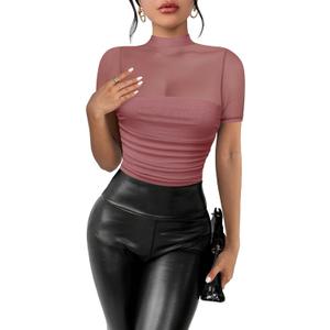 Women's Mesh Sexy Mock TurtleNeck Bodysuits Short Sleeve Shirt Ruched Sheer Body suit Summer Trendy Going Out Tops S 