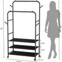 Furologee Clothes Racks for Hanging Clothes, Double Rods Clothing Rack with 3-Tier Storage Shelves, Rolling Garment Wardrobe with Wheels, Portable Free Standing Closet for Bedroom, Laundry Room, Black