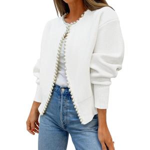 ZESICA Women's Open Front Cardigan Sweater 2026 Spring Casual Knitted Long Sleeve Pearls Trim Outerwear Coat Trendy Clothes, Size: X-Large (White)