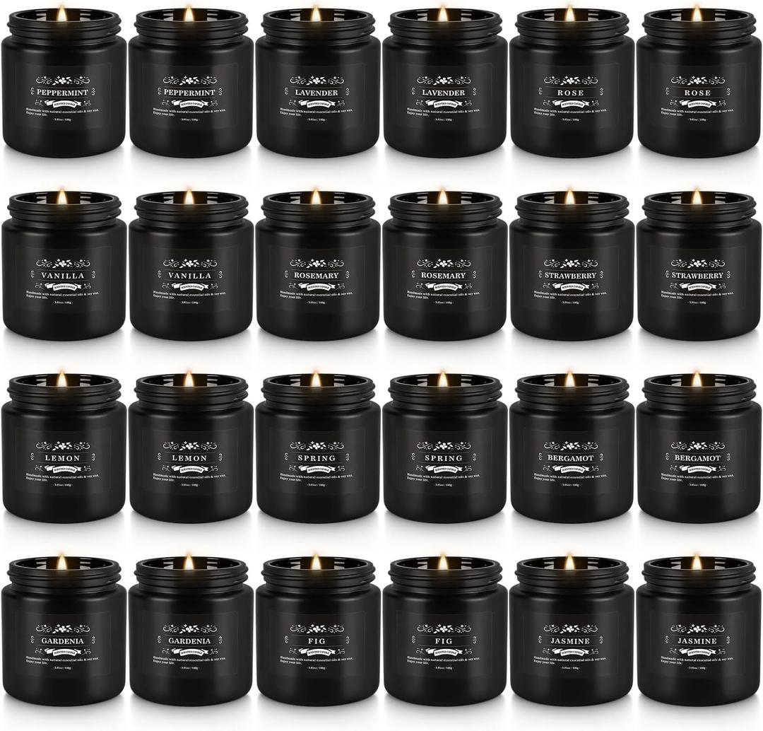 Scented Candle Set 24 Pack,Black, Candle for Home Scented, Odor Eliminating, Stress Relief, Long Lasting Soy Wax Gift Set