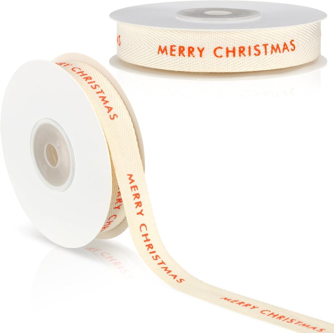 Waydress Merry Christmas Ribbon 5/8' x 20 Yards Cotton Herringbone Custom Ribbon Natural Christmas Thread for Gift Wrapping Crafts DIY Flower Wreath Garland Holiday Xmas Decorations