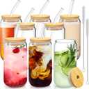 16 Oz Drinking Glasses with Bamboo Lids and Glass Straw - 7 Pcs Glass Cups Beer Ice Coffee Glasses Cute Aesthetic Cup Great for Coffee Bar Accessories Include 2 Cleaning Brushes