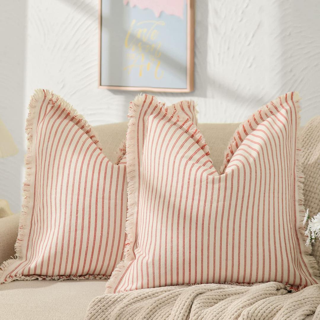 ZWJD Throw Pillow Covers 18x18 Set of 2 Striped Pillow Covers with Fringe Chic Cotton Decorative Pillows Square Cushion Covers for Sofa Couch Bed Living Room Farmhouse Decor (Pink)