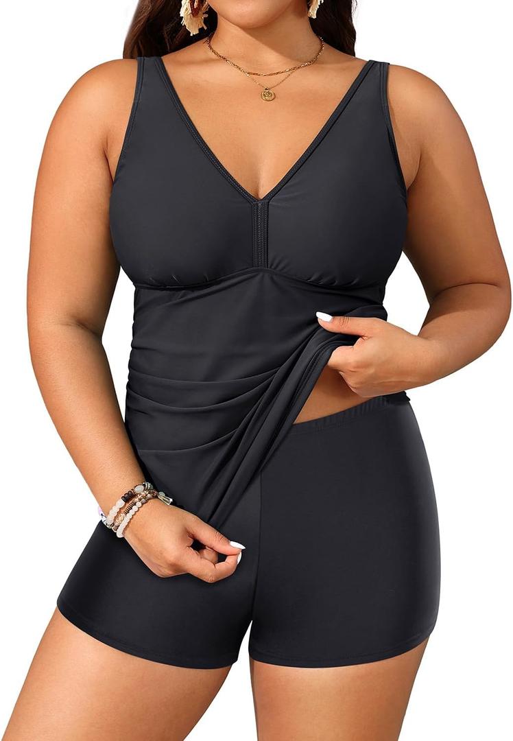 Yonique Womens Plus Size Swimsuits with Shorts Tummy Control Tankini Two Piece Bathing Suits Athletic Swimwear (Black), 16 Plus