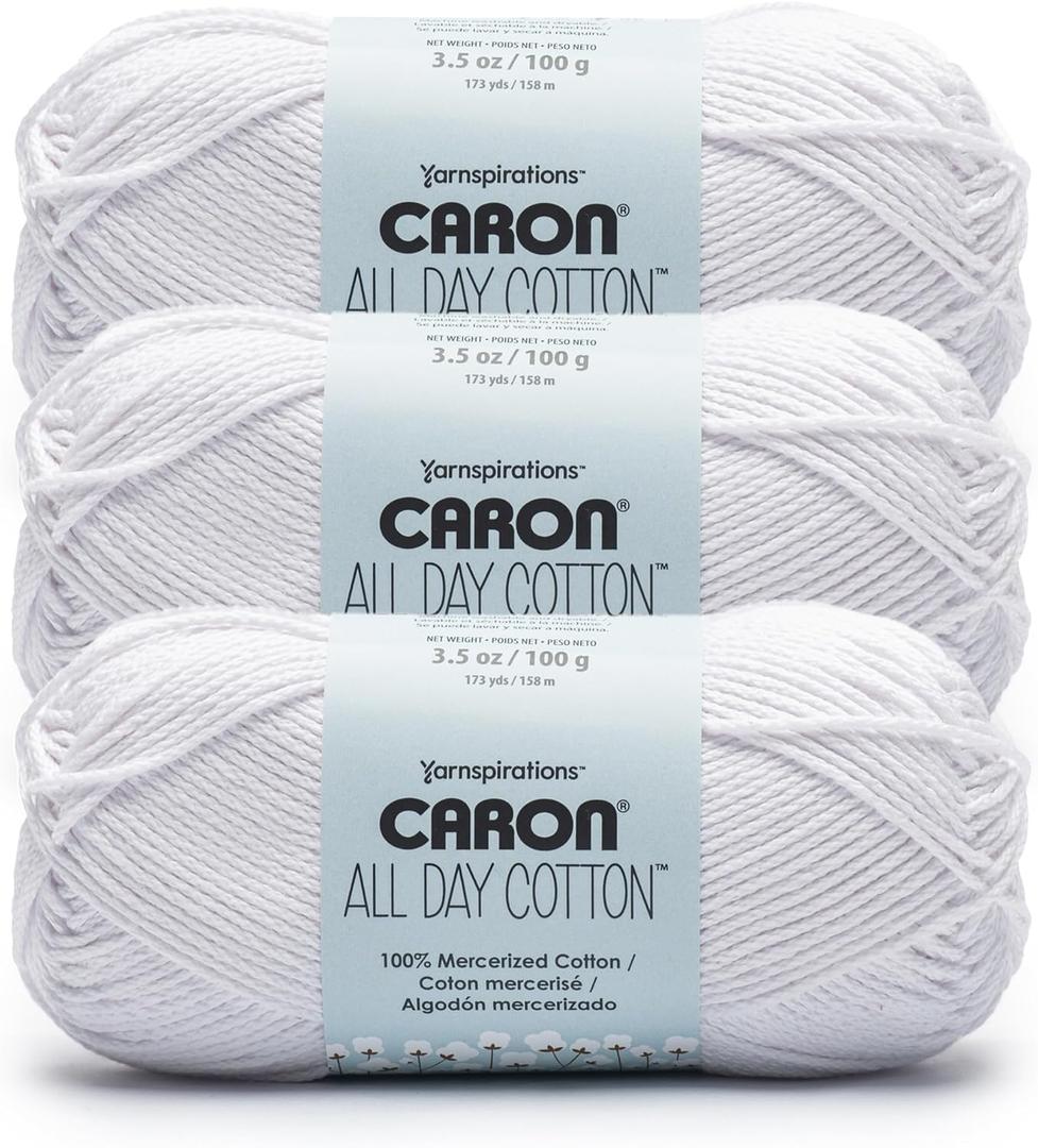 Caron All Day Cotton - 3 Pack of 173 Yards/3.52 oz White Shirt 100% Mercerized Cotton Yarn