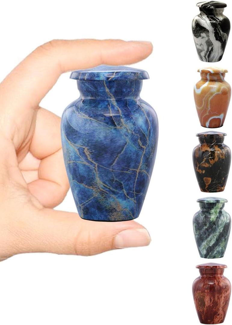Marble Finish Keepsake Sharing Urn  Mini Metal Cremation Urn for Human or Pet Ashes  Small Memorial Token Urn with Velvet Bag & Funnel  A Perfect Tribute & Gift for Families (Exotic Blue)
