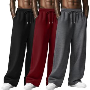 August Alley 3 Pack Men's Baggy Sweatpants Wide Leg Open Bottom Drawstring Pants Lounge Athletic Loose Joggers with Pockets 3XL