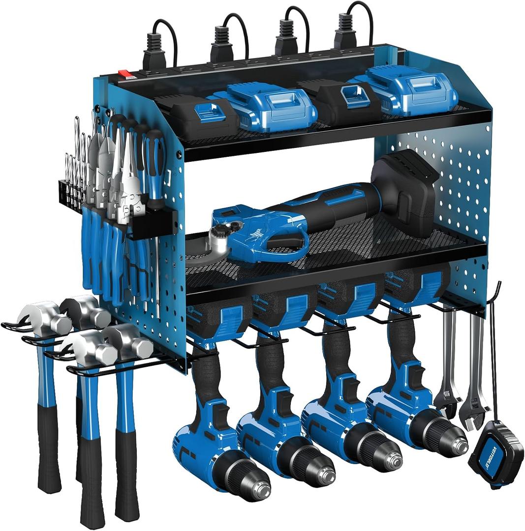 Veitorld Power Tool Organizer with Charging Station, Heavy Duty Modular Wall Mount Rack for Garage & Shed Organization, 4 Drill Holders, Fathers Day Birthday Gifts for Him Men Dad Him Husband(Blue)