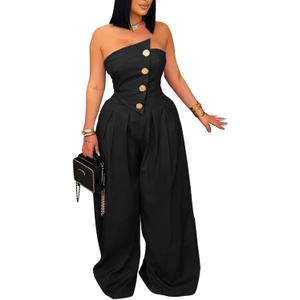 Womens Jumpsuit Sexy Strapless Off Shoulder Tube Top Summer Casual Button Wide Leg One Piece Outfits Romper (Black), XL