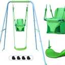 2-in-1 My First Toddler Swing Set for Backyard, Baby Indoor/Outdoor Swing with Foldable Stand, Belt & Soft Swing Seat with Safety Harness & Height Adjuster, Suitable for Children 6 Months and Older