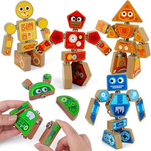 Coogam Snap Together Robot Builders for Toddlers, Wooden Take Apart Robot Build Block Playset, Fine Motor Skill STEM Educational Montessori Toy Gift for 3 4 5 Years Old Kids
