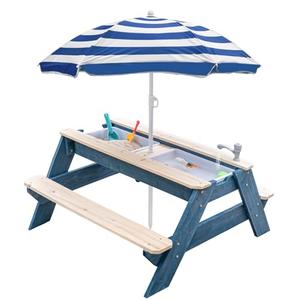 K LUCKIDS Kids 3-in-1 Sand & Water Activity Table, Wood Outdoor Convertible Picnic Table, 2 Play Boxes, Removable Top with Faucet, Picnic Table for Outdoor Backyard Patio Play (Blue/Navy)