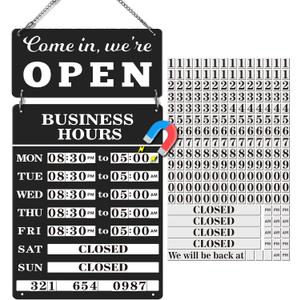 Magnetic Changeable Business Hours Sign with Double Sided Open Closed Signs, Metal Hours of Operation Signs, Store Hours Sign for Glass Door or Window, Black