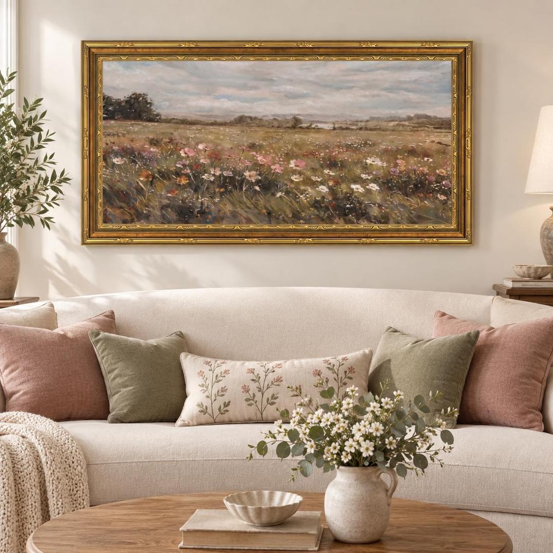 Framed Large Vintage Farmhouse Muted Wildflower Landscape Wall Art 16×32 in