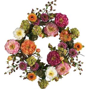 Nearly Natural 24in Artificial Peony Wreath Multicolor Faux Floral Spring Wreath for Front Door, Indoor Wall Decor, and Dining Table Centerpiece