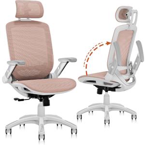 GABRYLLY Ergonomic Office Chair, High Back Home Desk Chair with Headrest, Flip-Up Arms, 90-120 Tilt Lock and Wide Cushion, 300LBS Mesh Chairs for Man Woman, White Task Chair(Pink,GY01WPK)