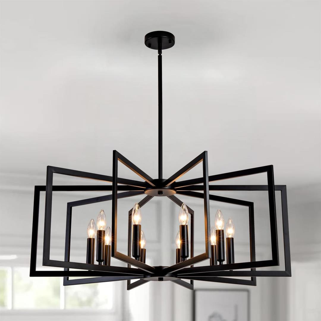 Black Chandelier for Dining Room,12-Light Dining Room Light Fixture Modern Geometric Metal Hanging Industrial Chandeliers for Entryway Kitchen Island Foyer Farmhouse Chandeliers