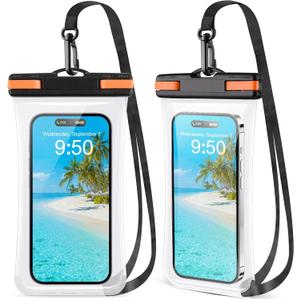 2 Pack Waterproof Phone Pouch [3D Seamless Clear Soft Edges], Waterproof Case for iPhone 16 15 14 13 Pro Max Plus Galaxy S25 S24 Pixel Up to 7.2" - IPX8 Dry Bag Beach Cruise Vacation Essentials (2Pcs Black Orange)