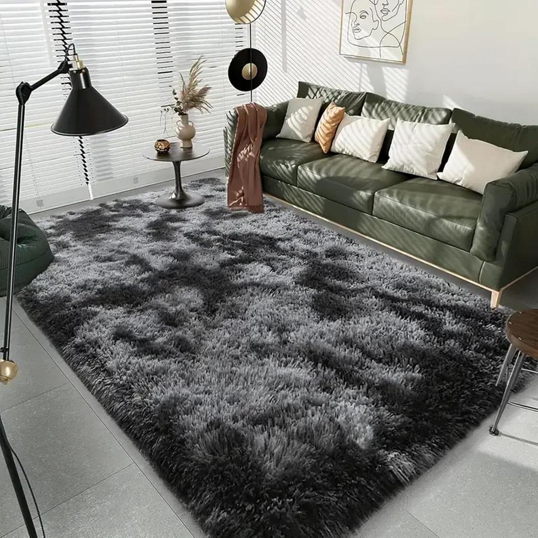 Area Rugs for Living Room Bedroom, 4X6 Ft Shag Fluffy Rug Black Grey Carpet Machine Washable Indoor Carpet for Kids Bedside Living RoomNursery Room Decor Tie-Dyed Dark Grey