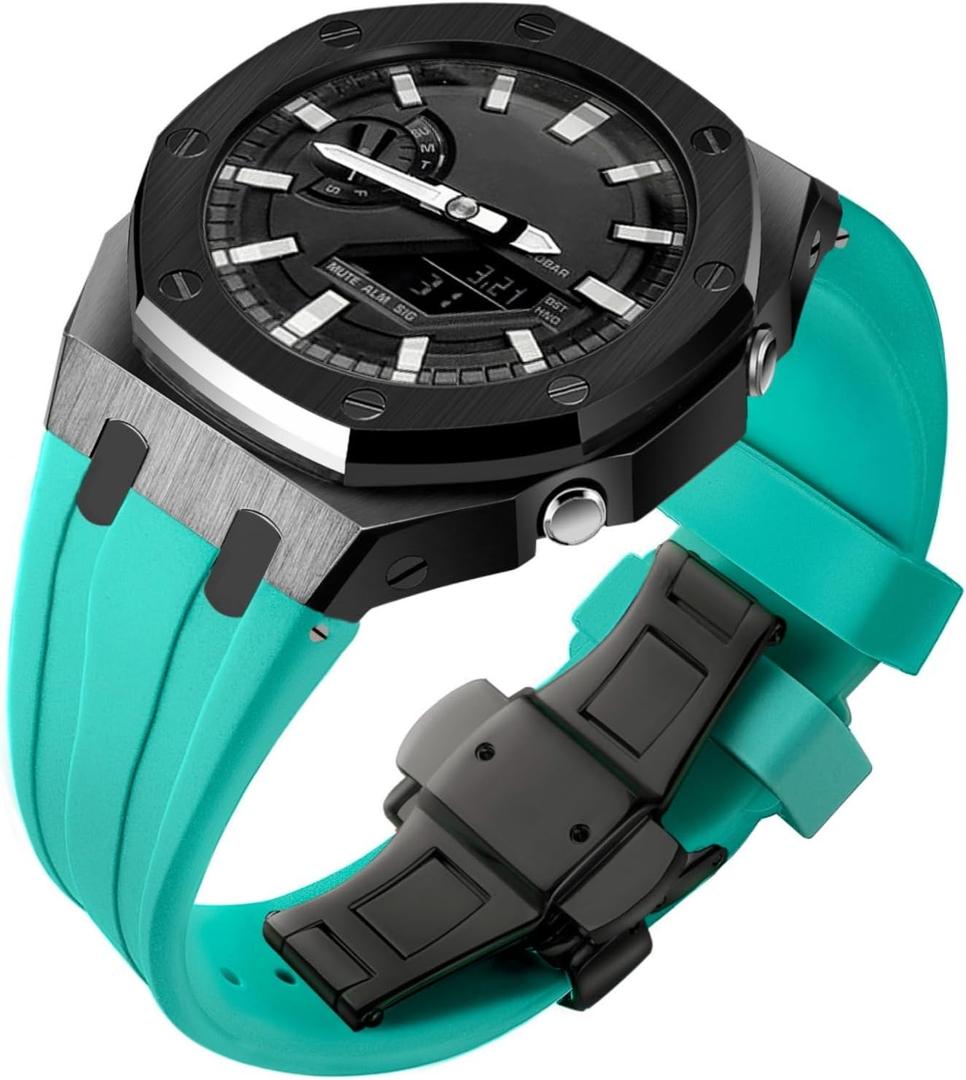 Ga2100 Watch Strap Case Mod Kit Parts,Black Smooth Metal Case Modify Custom Replace Silicone Watch Band Strap Compatible With Casio G shock Ga-2100/Ga-2110/GA-B2100 (Black Case Sea Blue Strap Round-FBA)