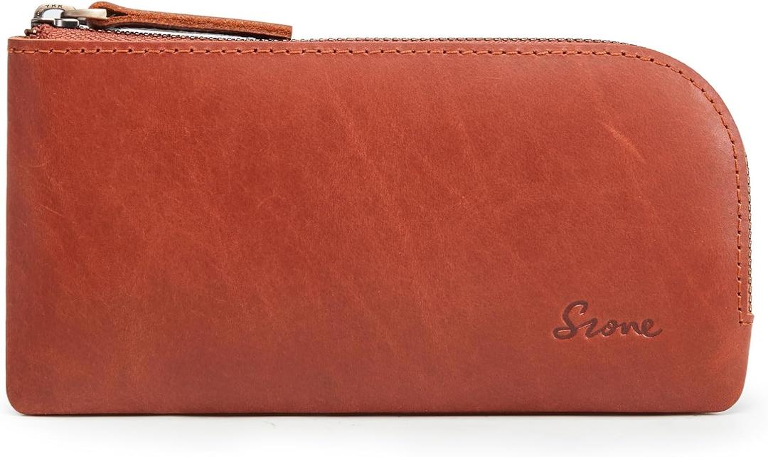 S-ZONE Top Grain Leather Pencil Pouch Small Zipper Bag for Pens Makeups Change Coins