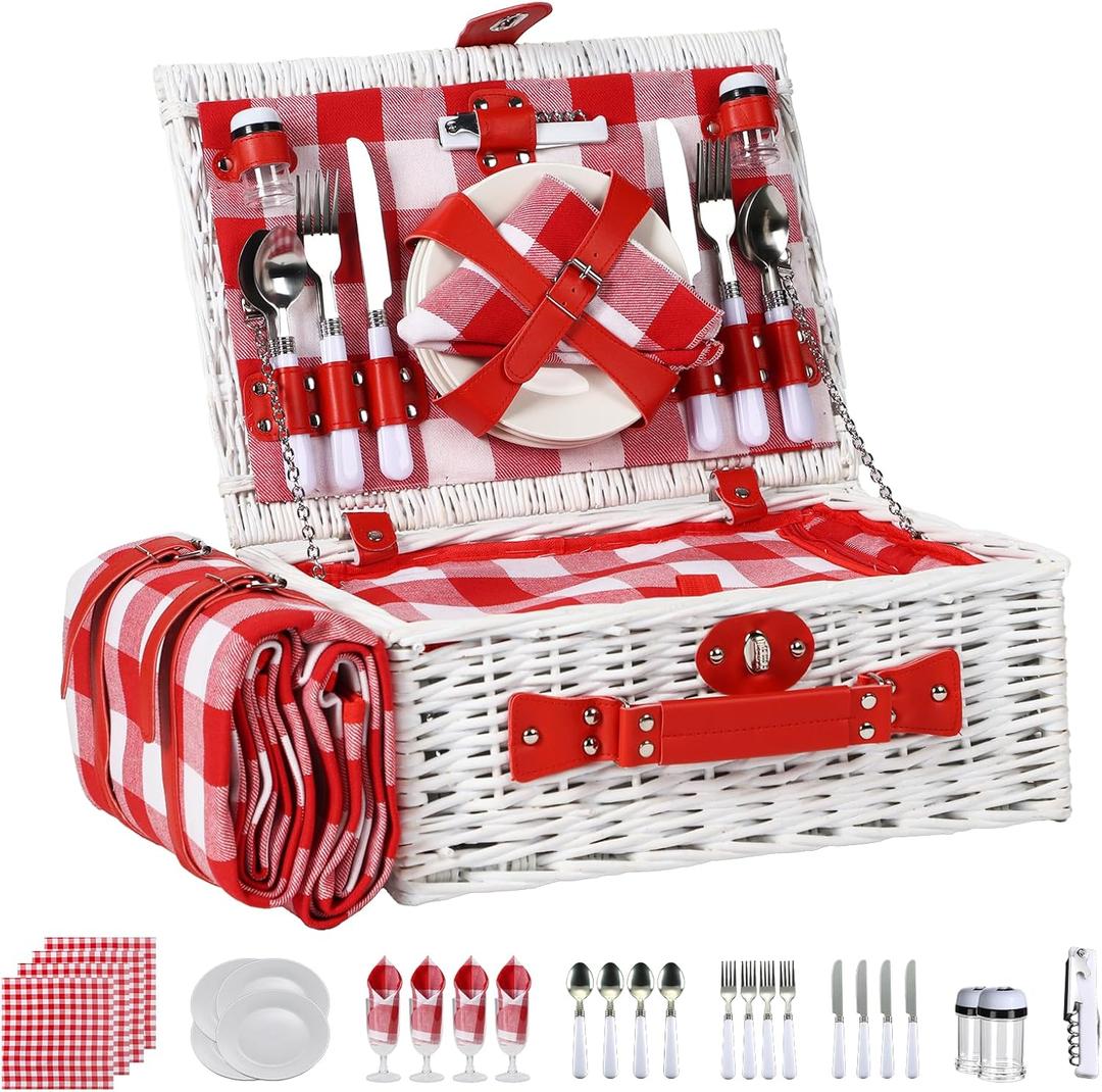 Picnic Baskets Wicker Willow Picnic Set for 4 Persons with Insulated Cooler Bag and Waterproof White Red Picnic Blanket Gift for Christmas Thanksgiving Wedding Birthday Camp Outdoor Beach Travel
