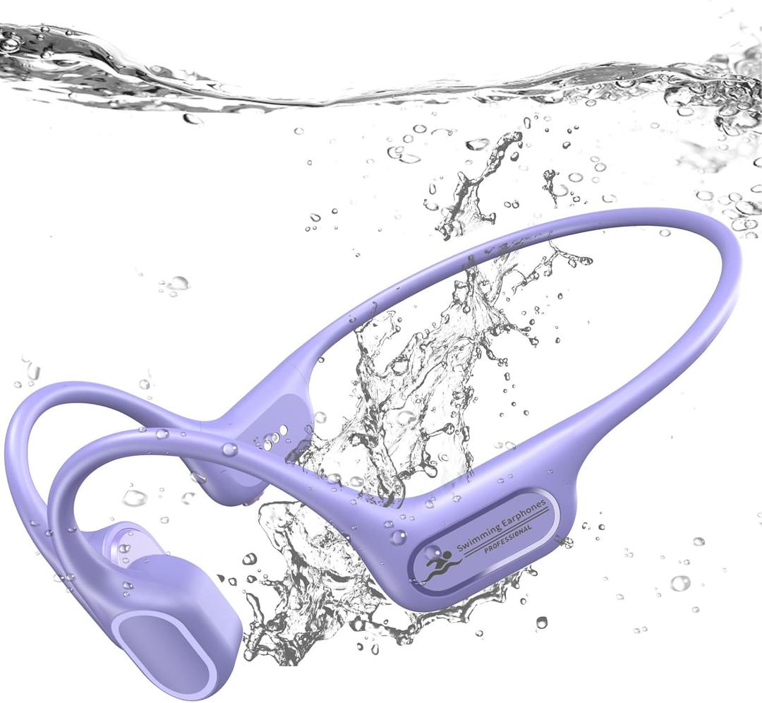 IP68 Waterproof Swimming Headphones, Bone Conduction Liquid Silicone Bluetooth Headphones, Built-in 32GB MP3 Player, Soft and Lightweight Open-Ear Design for Swimming/Marathons/Showers/Cycling (Purple