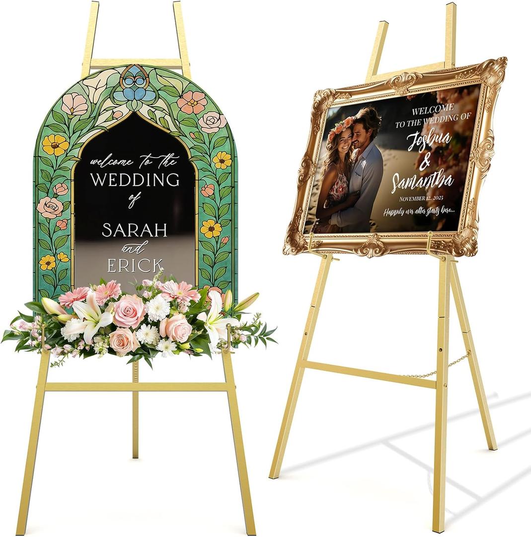 47" Gold Easel Stand for Wedding Signs, 4-Tier Height Metal Standing Easel with Adjustable Chain, Heavy Duty Art Easel for Painting, Wedding Sign, Party, Posters & Commercial Display