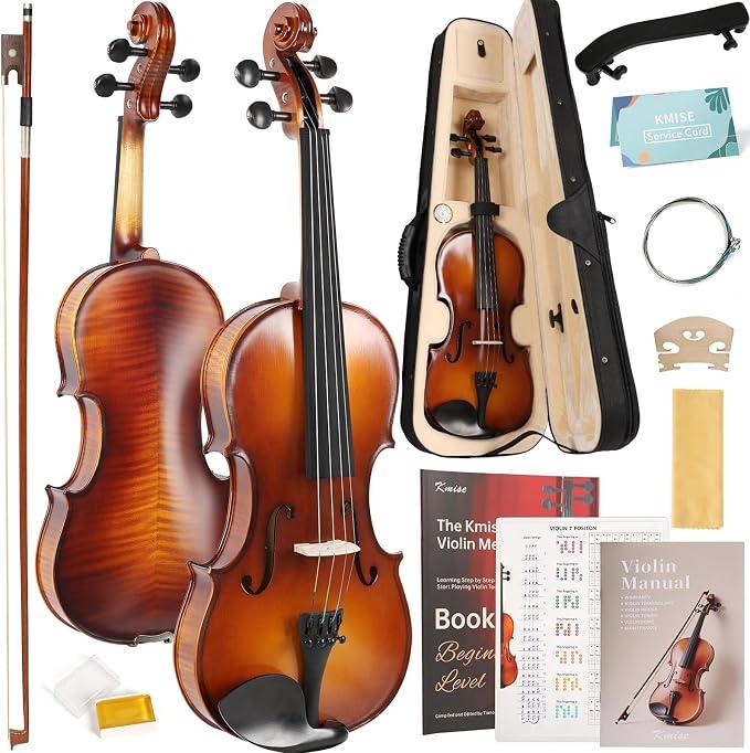 Kmise Violin 4/4 Full Set, High Density Ebony Violins, Glossy Acoustic Fiddle for Adults, Beginners, Students with Violin Case, Rosin, Strings, Bow, Shoulder Rest, Beginner's Guide (Ebony, 4/4)