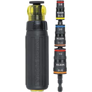 Klein Tools 32910RCHT Impact Driver, 7-in-1 SAE Impact Socket Set with Ratcheting Handle, Flip Socket with 1/4, 5/16, 3/8, 7/16, 1/2 and 9/16-Inch Nut Driver Sizes and 1/4-Inch Bit Holder