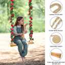 Hanging Wooden Swing, 24"x 8"x 1.2" Tree Swing for Adults Kids, Adjustable Thick Nylon Rope Plus Tree Straps 10.61FT, Wood Swing Set with Rose Garland for Indoor & Outdoor