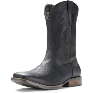 IUV Cowboy Boots For Men with Wide Square Toe Western Retro Boot Durable Classic Fashionable Embroidered Pull On Slip Resistant Boots (11, Black)