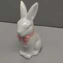 DN DECONATION Easter Decoration Bunny Decor - Spring Easter White Rabbit Sculpture, Ceramic Statues with Pink Bow for Farmhouse Home Decor Tabletop Shelf Mantel Dining Table Centerpiece (Set of 1)