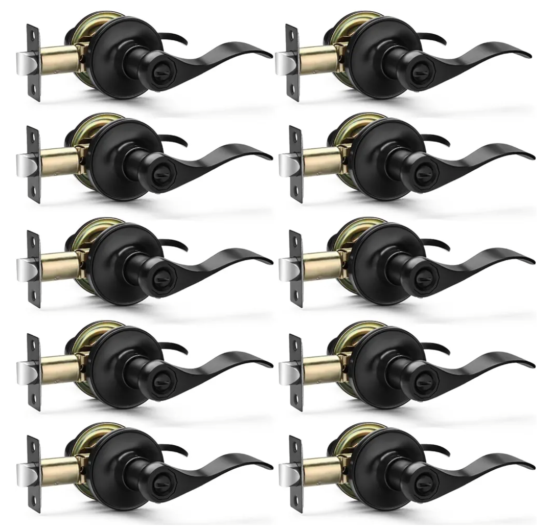 10 Pack Matte Black Door Handles Privacy Door Levers, Heavy Duty Bed and Bath Door Locks Interior Door Knobs, Reversible Keyless Wave Lever Door Handles