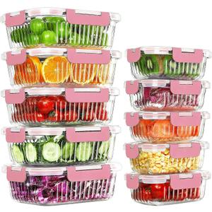 10 Packs Glass Meal Prep Containers with Lids, Glass Food Storage Containers Set, Airtight Lunch Containers, Microwave, Oven, Freezer and Dishwasher Safe, Pink