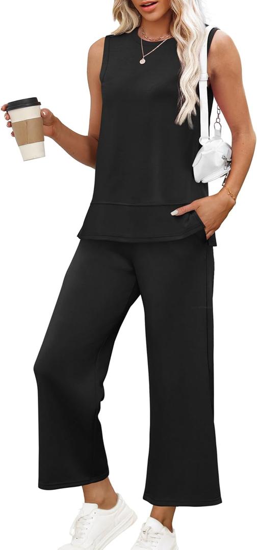 XIEERDUO Women's 2 Piece Outfits Summer Travel Tracksuit Loose Wide Leg Loungewear Comfy Lounge Sets, Medium, Black
