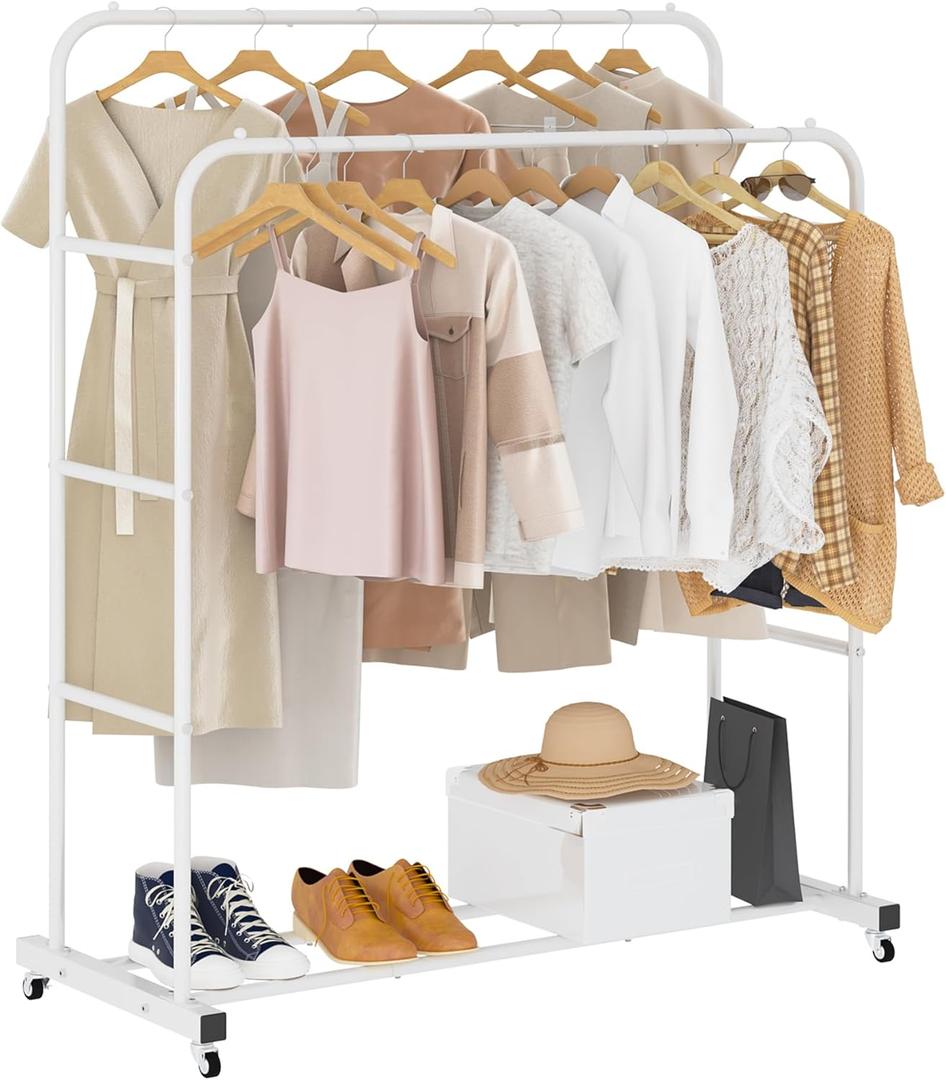 Laiensia Double Rods Clothing Rack with Wheels, Garment Rack for Hanging Clothes, Multi-functional Bedroom Clothes Rack, White