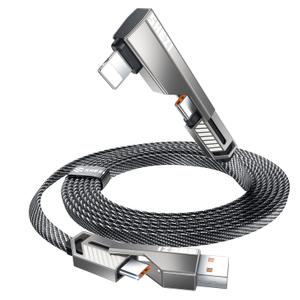 4-in-1 Long USB C Cable 10FT Lightn-ing Cable 90 Degree Fast Charging Flat Nylon Braided for iPhone/iPad Charger Cord Multi Charge Cord with Lightn-ing/USB C/USB A Ports (SHEZI Series)