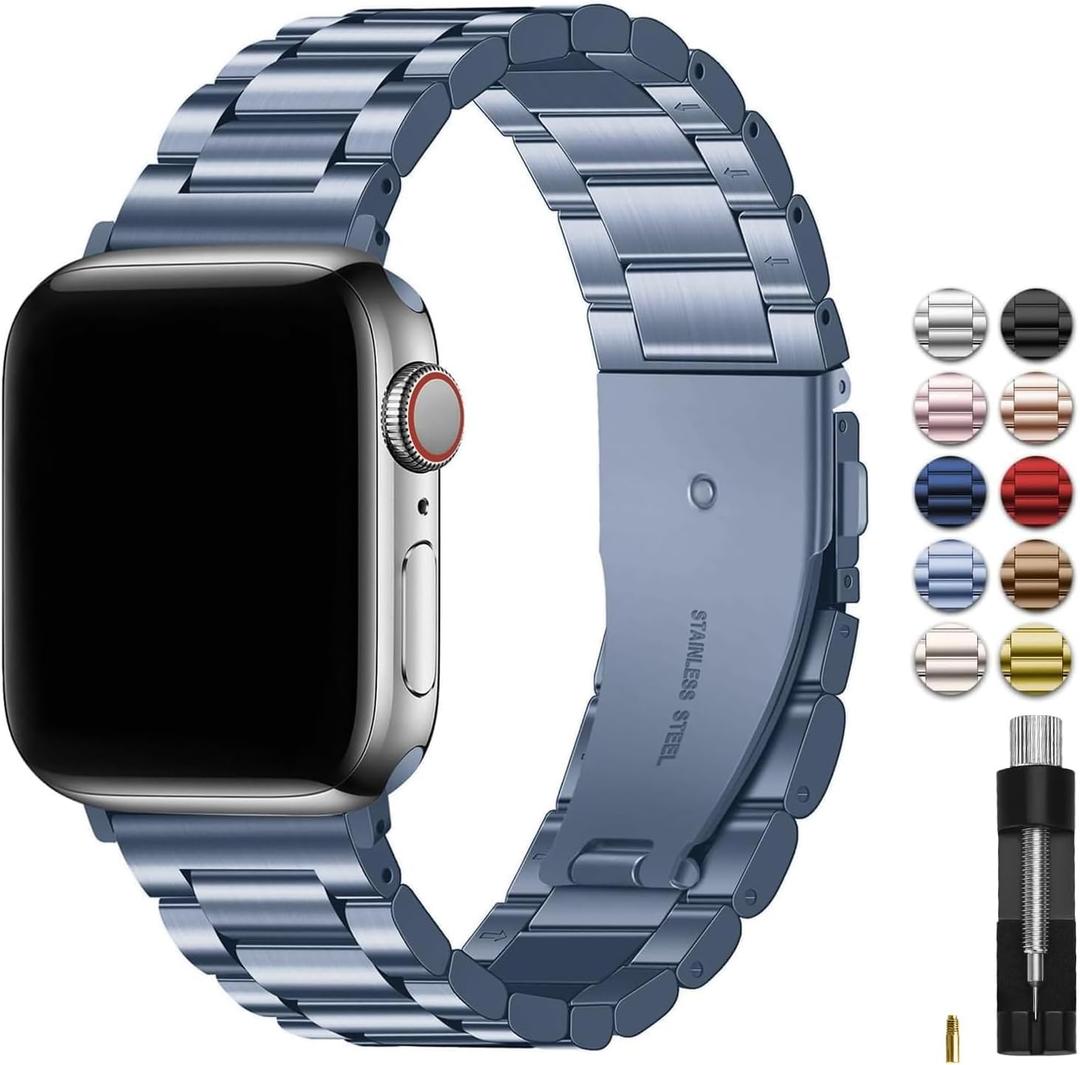 Fullmosa Metal Band Compatible with Apple Watch Bands 45mm 44mm 42mm, iWatch Band with Case for Apple Watch Series 9 8 7 6 5 4 3 2 1 SE3/2/1, Blue Grey