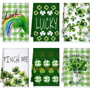 Honoson 6 Pcs St Patrick's Day Kitchen Towels St. Patrick's Day Dish Towels Shamrocks Gnomes Plaid Absorbent Bathroom Set Tea Cloth for Kitchen Home 16 x 24 Inches(Light Green,Vivid Style)