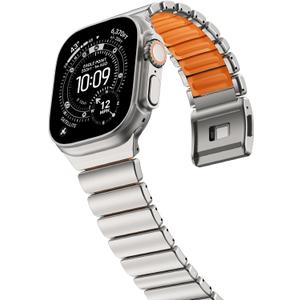 NewWays Stainless Steel & Silicone Hybrid Band for Apple Watch Ultra 3 2 1 49mm Series 11/10 46mm 45mm 44mm Series 4 5 6 7 8 9 10 11 SE Link Bracelet Magnetic Clasp Strap Sport Metal Band for Men (Titanium w/ Orange)