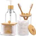 Bamboo Bathroom Accessories Set 4 Pcs - Clear Toothbrush Holder Plastic Soap Dispenser and 2 Qtip Holder Cotton Swab/Pad/Ball Container Jar