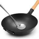 WANGYUANJI Iron Wok, 14.17 inch Traditional Round-Bottom Wok, Chefs Professional Stir-Fry Pan with Wooden Handle, Chemical-Free Iron Wok for Gas Stoves and Round-Bottom Induction Stovetop